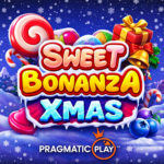 Ilustrasi slot Sweet Bonanza Xmas Pragmatic Play dengan tema Natal dan permen warna-warni